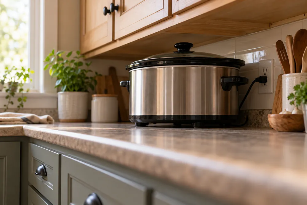 Laminate countertop and lower cabinets frame a low-angle view of a bulky slow cooker crowding outlets beneath upper cupboards.