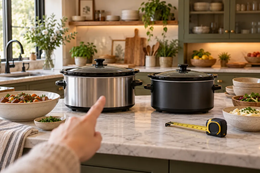 Hand points at two slow cookers on a kitchen island, with measuring tape, serving bowls, and cabinet shelves visible in wide framing.