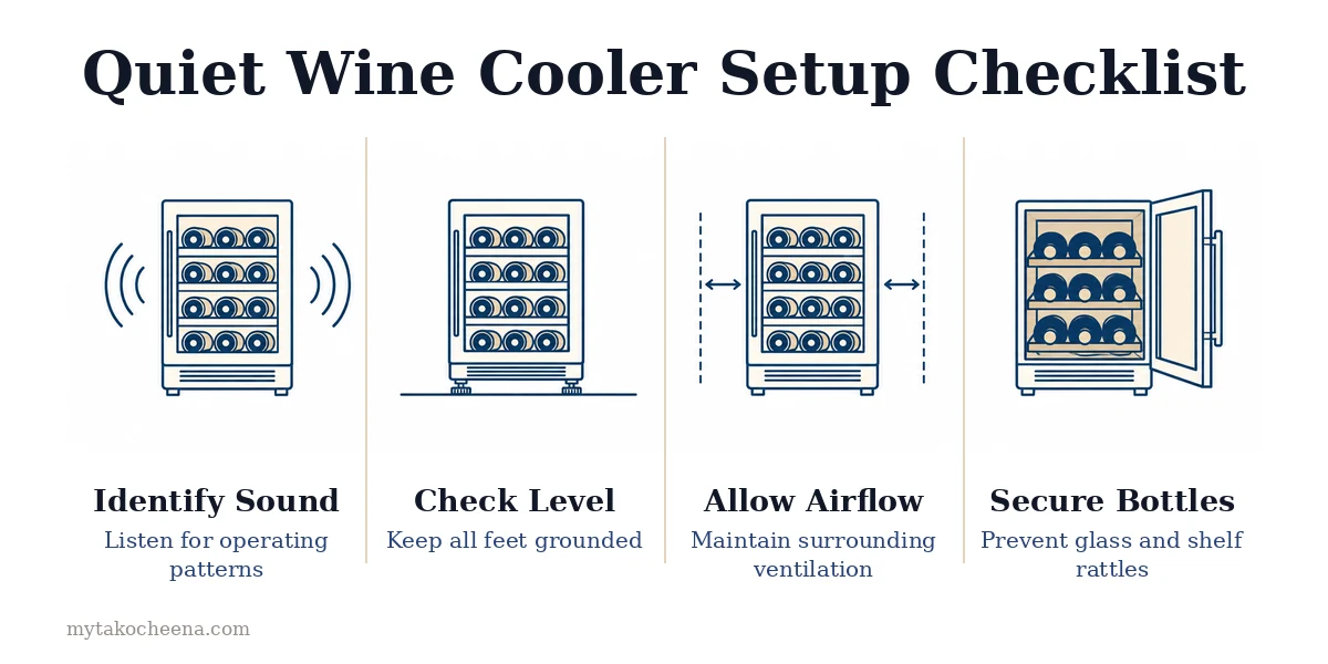 How to Reduce Wine Cooler Noise and Vibration: Check Clearance, Check Level, Secure Bottles, Check Airflow.