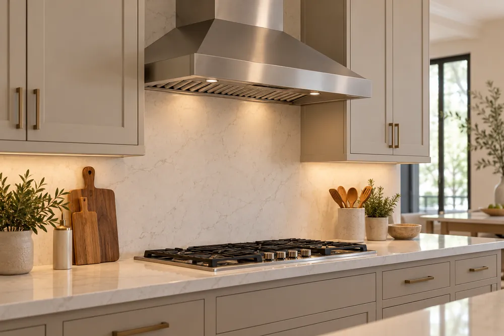 White quartz countertop supports a 36-inch cooktop beneath matching cabinetry, with a stainless range hood extending slightly beyond both sides in side-angle view.