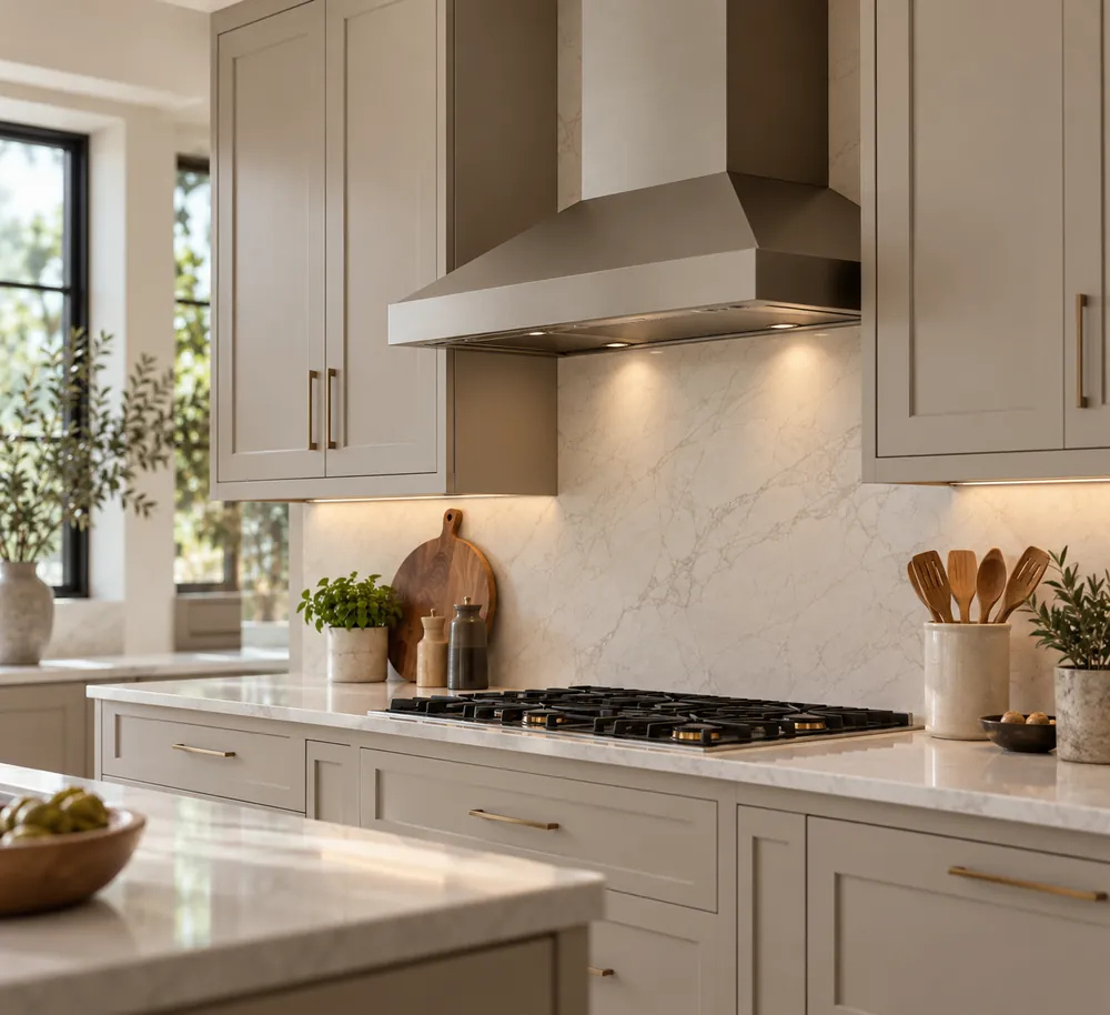 Stainless-steel gas cooktop beneath a deep wall-mounted range hood, shown three-quarter with surrounding cabinetry aligned neatly to the cooking surface.