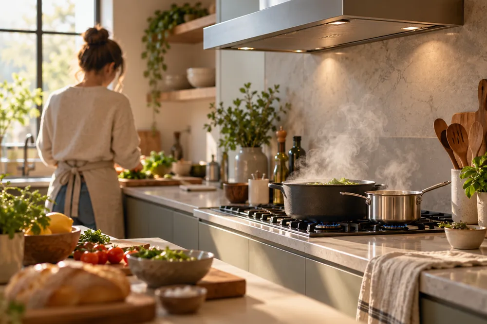 Warm under-cabinet light illuminates a gas range with three active burners, simmering sauce, and a powerful stainless range hood venting steam.
