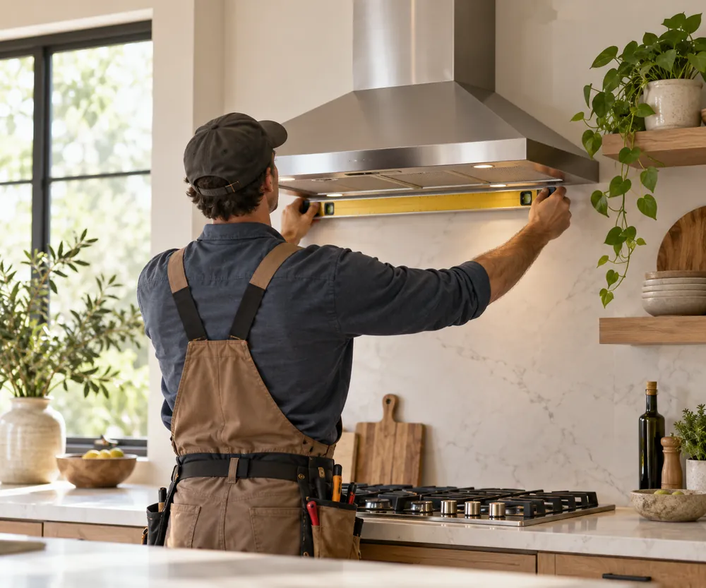 Warm daylight fills a modern US kitchen, highlighting a wall-mounted range hood positioned above a gas cooktop with proper clearance.