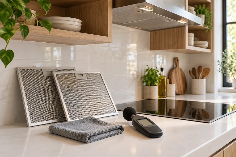 White quartz countertop surrounds a stainless range hood, with washable filters, microfiber cloth, and a quiet simmering pot arranged neatly below.