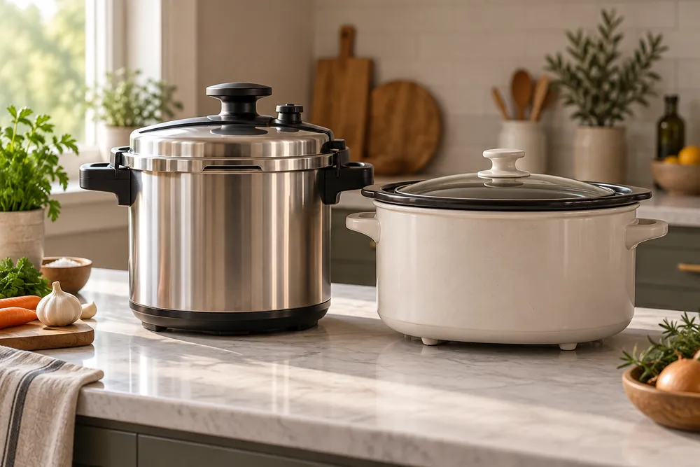 Brushed stainless steel and matte ceramic sit side by side on a kitchen counter, contrasting a pressure cooker with a slow cooker.