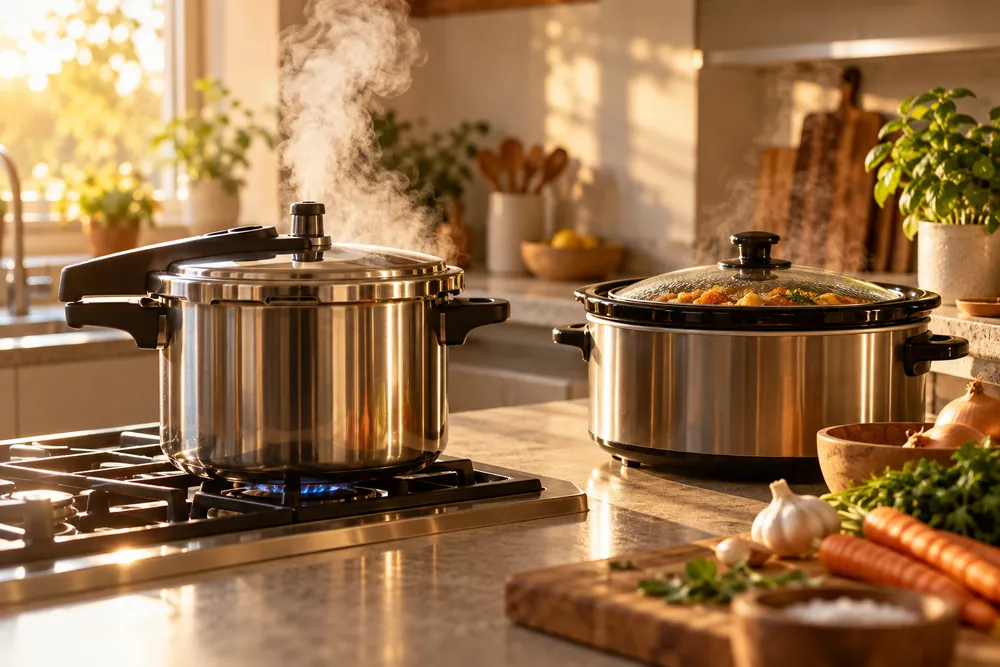 Warm afternoon light glints off a pressure cooker and slow cooker on a kitchen counter, viewed from a low angle beside simmering ingredients.