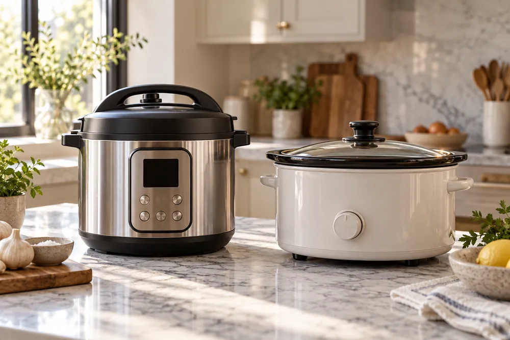 Marble countertop frames a stainless pressure cooker beside a ceramic slow cooker, contrasting button controls with a simple dial and glass lid.