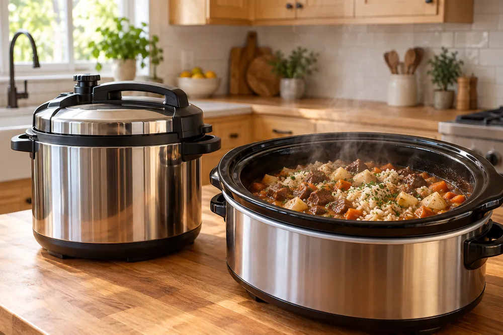 Butcher-block countertop anchors a low-angle view of a pressure cooker beside a slow cooker, filled with rice and bubbling stew, under maple cabinets.
