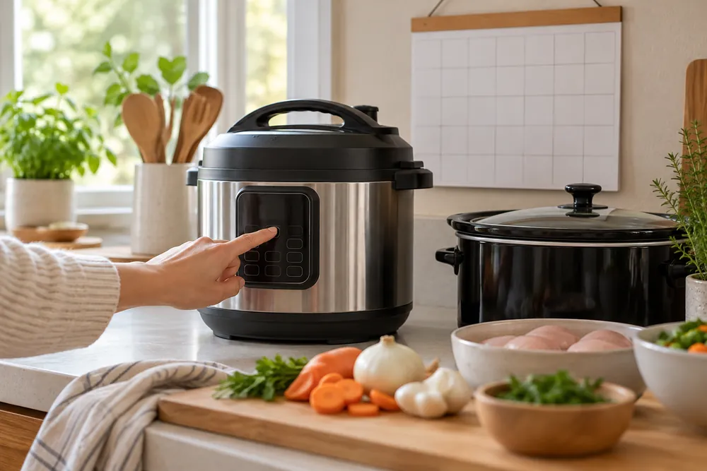 Pressing a pressure cooker’s timer, a hand starts dinner beside a slow cooker and meal-planning calendar on a tidy kitchen counter, eye-level.