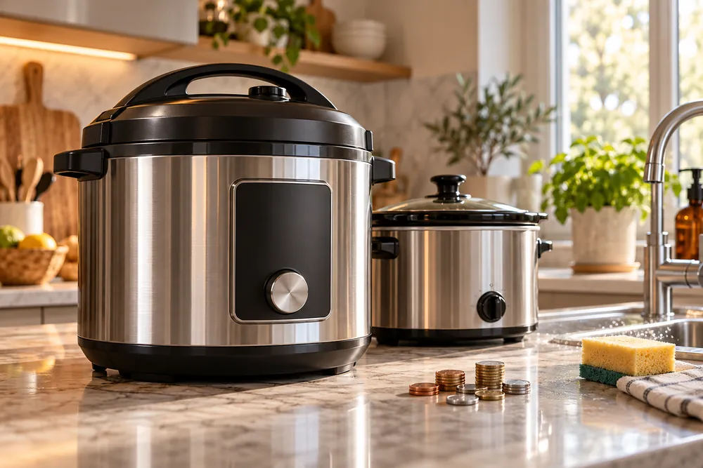 Stainless-steel multicooker dominates a low-angle kitchen-counter scene beside a compact slow cooker, stacked coins, and a drying sponge.