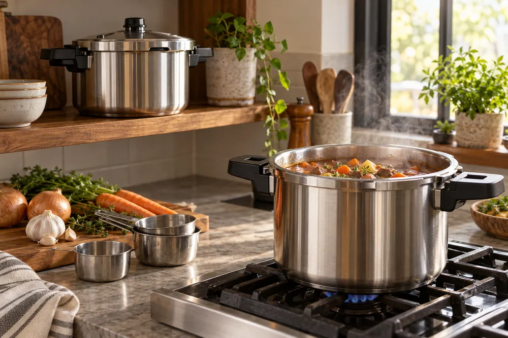 Brushed stainless steel surfaces show one cooker scrubbed and stored while another holds simmering stew beside frequently used measuring cups.