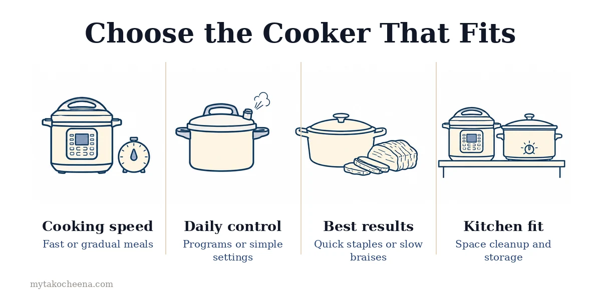 Instant Pot vs Slow Cooker: Which to Buy: Cooking speed, Daily control, Best results, Kitchen fit.