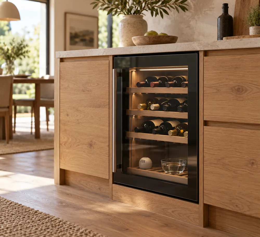 Warm walnut cabinetry surrounds a wine cooler, three-quarter view showing bottles, a hygrometer, and faint condensation on the glass door.